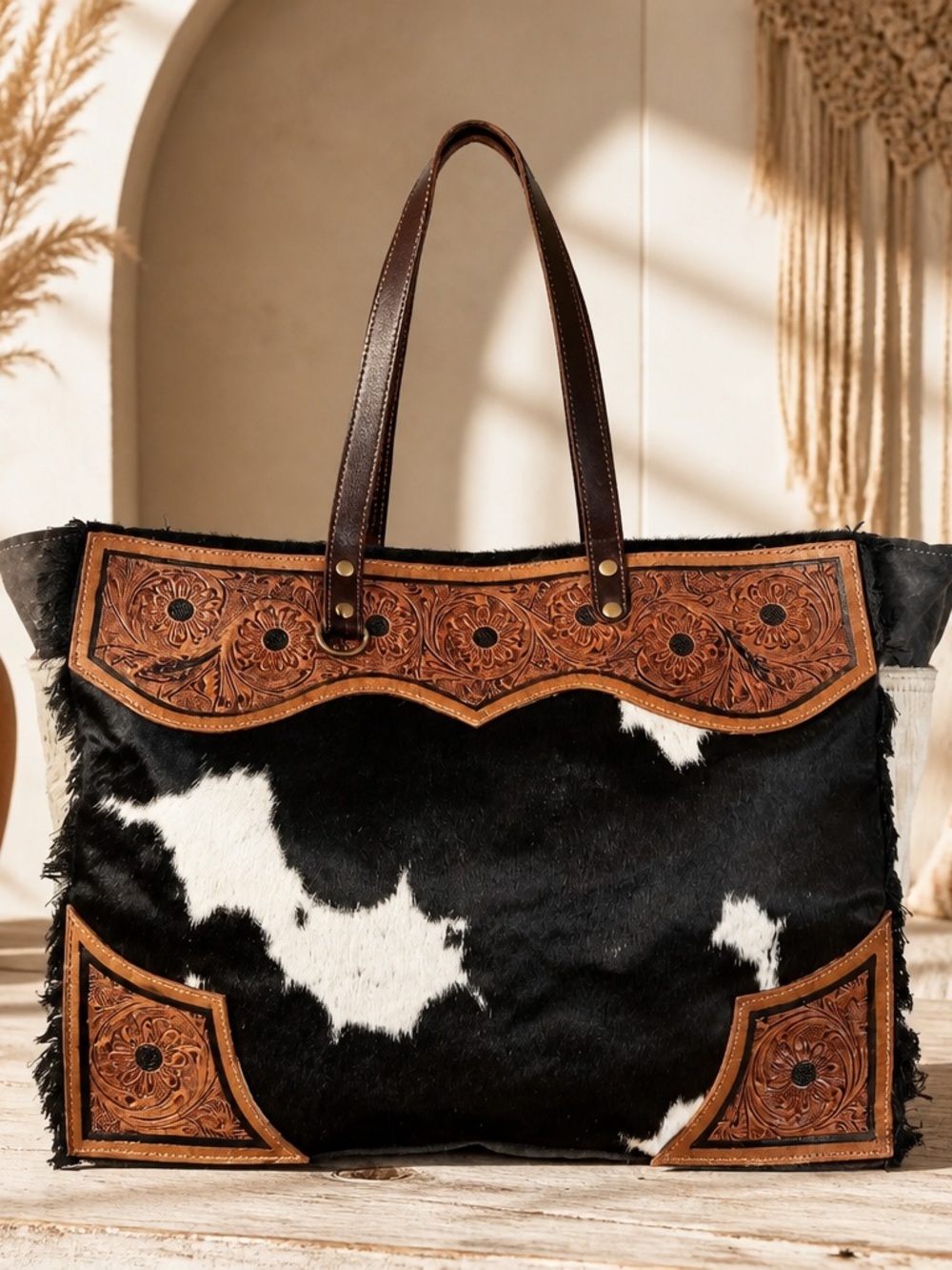 Myra Bag Cowhide Weekender Tooled Leather XL Boho Travel Duffel Western Carry On - Picture 1 of 12